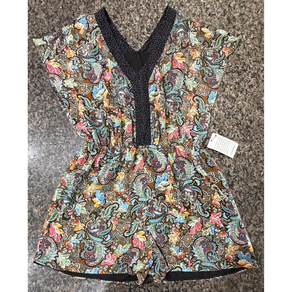 DR2 by Daniel Rainn‎ Paisley Floral Romper Brown Multi V-Neck Polka Dot Trim NEW